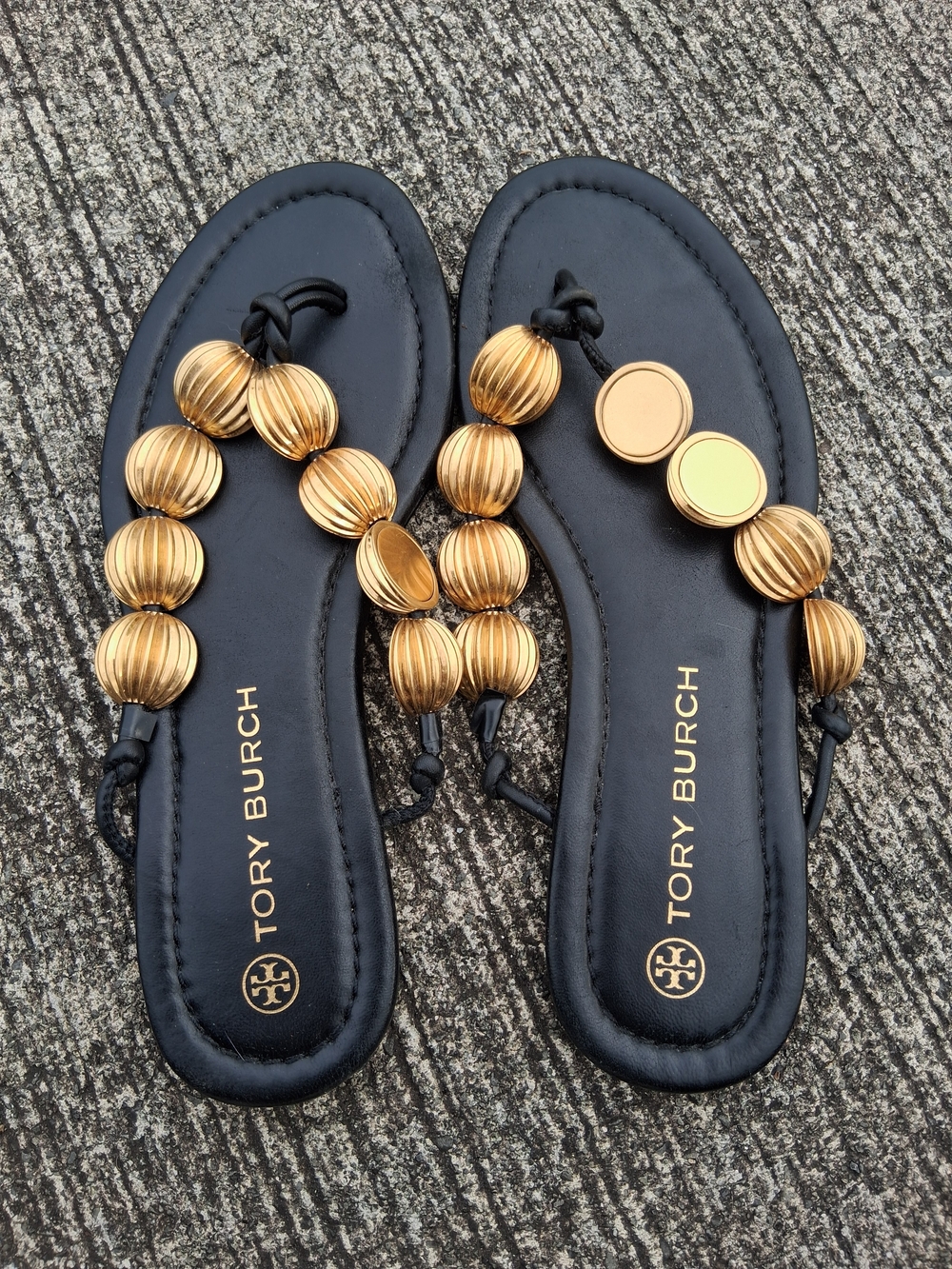 Tory Burch Black Leather Sandal with Gold Beaded Detail